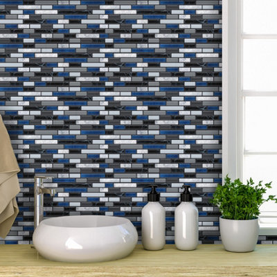 Walplus Lux Touch Grey And Blue Marble Peel and Stick Wall 2D Tiles Stickers - 48Pcs Self Adhesive Stick on Tiles for Kitchen