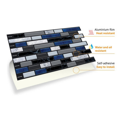 Walplus Lux Touch Grey And Blue Marble Peel and Stick Wall 2D Tiles Stickers - 48Pcs Self Adhesive Stick on Tiles for Kitchen