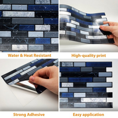 Walplus Lux Touch Grey And Blue Marble Peel and Stick Wall Tiles Stickers - 24Pcs Adhesive Stick on Tiles for Kitchen 28.5x14cm