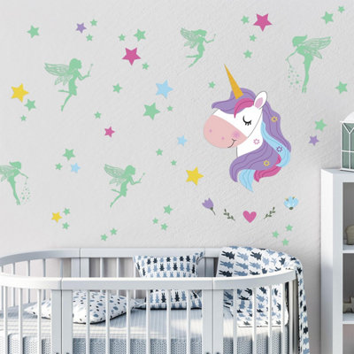 Walplus Magical Unicorn And Glow In The Dark Faires Kids Sticker PVC Multicoloured