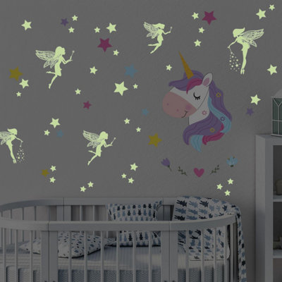 Walplus Magical Unicorn And Glow In The Dark Faires Kids Sticker PVC Multicoloured
