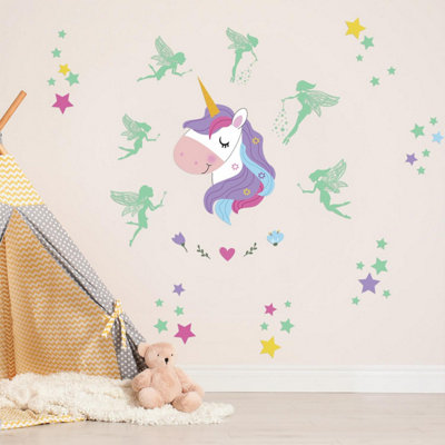 Walplus Magical Unicorn And Glow In The Dark Faires Kids Sticker PVC Multicoloured