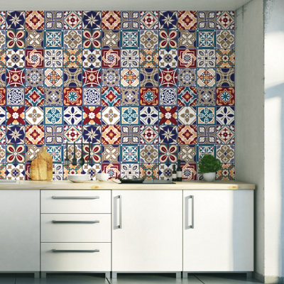 Walplus Mahogany Azulejo Combo Mix Peel and Stick Wall Tiles Stickers - 48Pcs Self Adhesive Stick on Tiles for Kitchen 15x15cm
