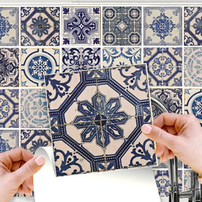Walplus Malaga Spanish Blue Peel and Stick Wall Tiles Sticker - 24 Pieces 15x15cm Adhesive Stick on Tiles for Kitchen