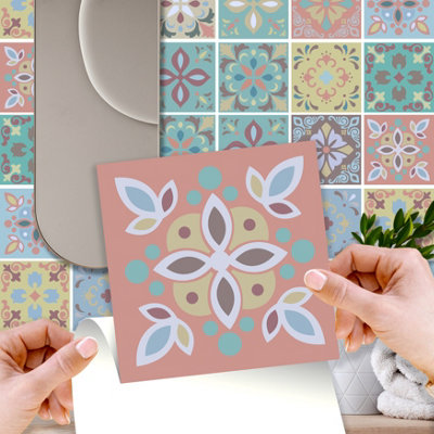 Walplus Marbella Colourful Spanish Peel and Stick Wall Tiles - 24Pcs 15x15cm Self Adhesive Tile Sticker for Bathroom and Kitchen
