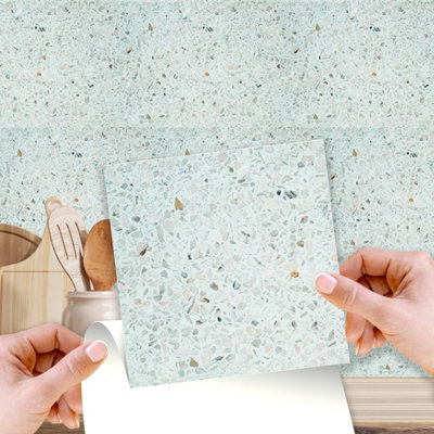Walplus Marble Terrazzo Metallic Silver Peel and Stick Wall 3D Tiles Stickers - 48Pcs Self Adhesive Stick on Tiles for Kitchen