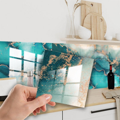 Walplus Marble Thick Peel and Stick Wall Tiles Stickers - 24Pcs Self Adhesive Stick on Tiles for Kitchen Mediterranean Ocean Blue