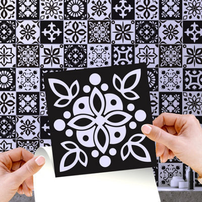 Walplus Marjorelle Black and White Moroccan Peel and Stick Wall Tiles Sticker - 24Pcs 15x15cm Self Adhesive Stick on Tiles