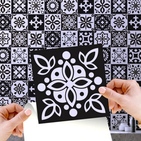Walplus Marjorelle Black and White Moroccan Peel and Stick Wall Tiles Sticker - 24Pcs 15x15cm Self Adhesive Stick on Tiles