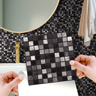 Walplus Marquina Metallic Black and White Peel and Stick Wall Tiles Sticker - 120 Pcs Self Adhesive Stick on Tiles for Kitchen