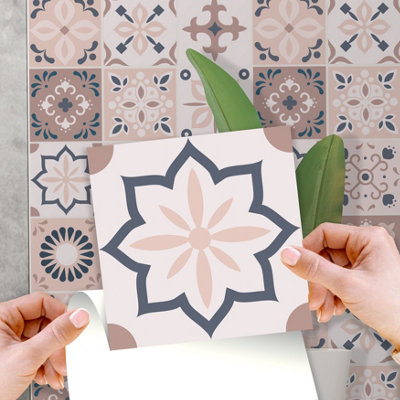 Walplus Menara Pink and Grey Cement Moroccan Peel and Stick Wall Tiles Sticker - 24 Pieces 15x15cm Adhesive Stick on Tiles