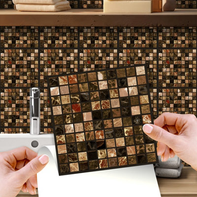 Walplus Metallic Brown Marble Mosaic Peel and Stick Wall Tiles Sticker - 24Pcs Self Adhesive Stick on Tiles for Kitchen
