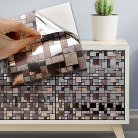 Walplus Metallic Silver Brown Stone Mosaic Metallic Tile Stickers Multipack 120Pcs