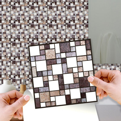 Walplus Metallic Silver Brown Stone Mosaic Peel and Stick Wall Tiles Sticker - 24Pcs Self Adhesive Stick on Tiles for Kitchen