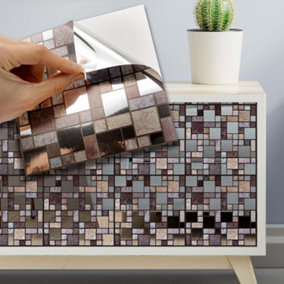Walplus Metallic Silver Brown Stone Mosaic Wall Metallic Tile Sticker Set 24Pcs