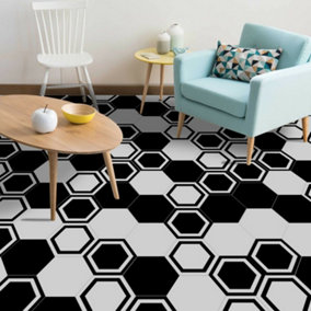 Walplus Minimalist Black and White Hexagon Floor Tiles Stickers, Home Decoration