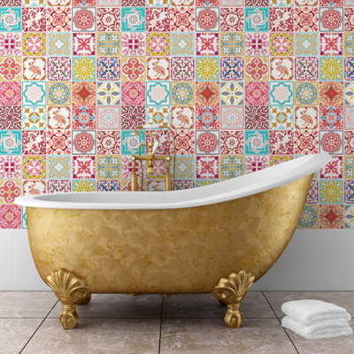 Walplus Moroccan Red & Malia Peel and Stick Wall Tiles Stickers - 240Pcs Self Adhesive Stick on Tiles for Kitchen - 15x15cm