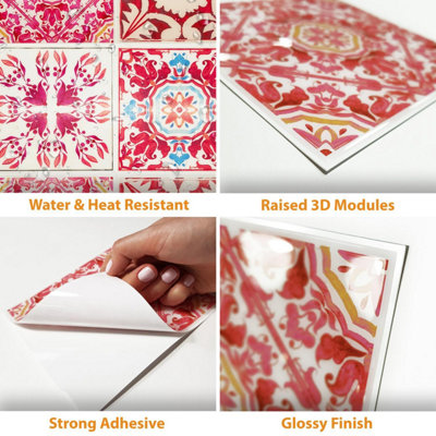 Walplus Moroccan Red Mosaic 3D Peel and Stick Wall Tiles Sticker ...