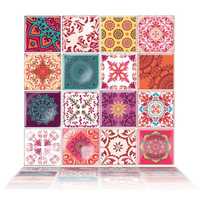 Walplus Moroccan Rose Mandala Mix Peel and Stick Wall Tiles Stickers - 32Pcs Self Adhesive Stick on Tiles for Kitchen Bathroom