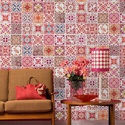 Walplus Moroccan Rose Red Mosaic Peel and Stick Wall Tiles Sticker - 24Pcs Self Adhesive Stick on Tiles for Kitchen Backsplash