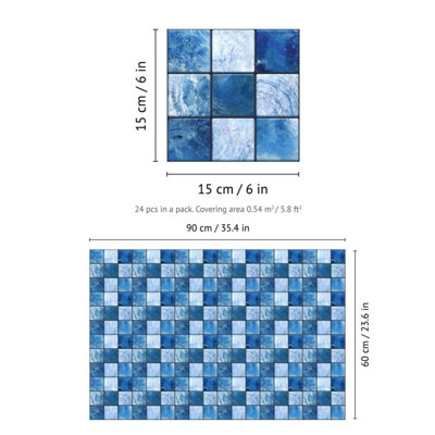 Walplus Mother Pearl Blue Jewel Large Mosaic Wall Tile Sticker Set - 15cm (6inch) - 24pcs One Pack