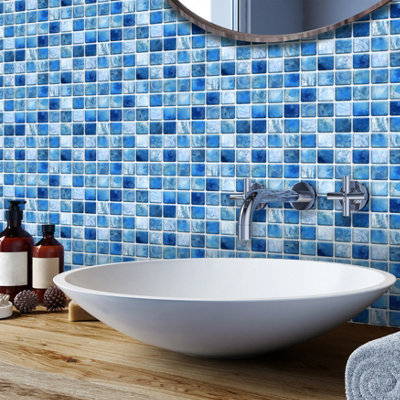 Walplus Mother Pearl Blue Jewel Mosaic Peel and Stick Wall Tiles Stickers - 96Pcs Adhesive Stick on Tiles for Kitchen 15x15cm