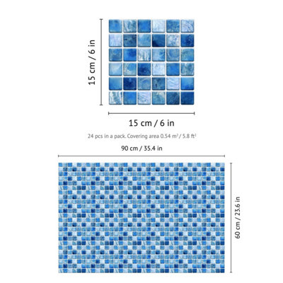 Walplus Mother Pearl Blue Jewel Mosaic Wall Tile Sticker Set - 15cm (6inch) - 24pcs One Pack