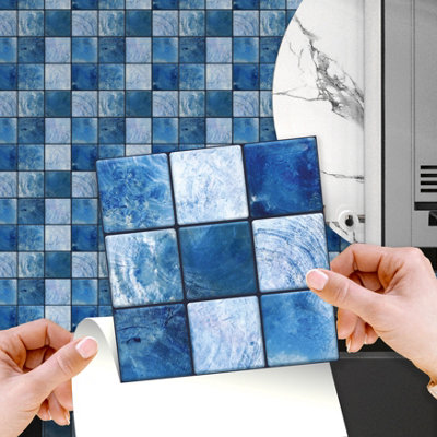 Walplus Mother Pearl Blue Jewel Peel and Stick Wall Tiles Stickers - 72Pcs Self Adhesive Stick on Tiles for Kitchen 15cm (6inch)