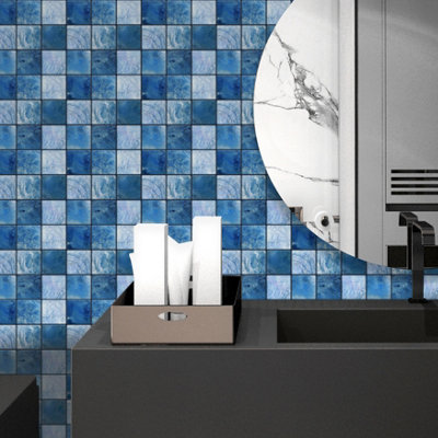 Walplus Mother Pearl Blue Jewel Peel and Stick Wall Tiles Stickers - 72Pcs Self Adhesive Stick on Tiles for Kitchen 15cm (6inch)