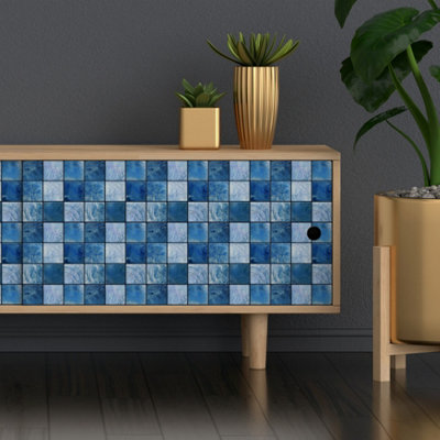 Walplus Mother Pearl Blue Jewel Peel and Stick Wall Tiles Stickers - 72Pcs Self Adhesive Stick on Tiles for Kitchen 15cm (6inch)