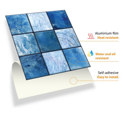 Walplus Mother Pearl Blue Jewel Peel and Stick Wall Tiles Stickers - 72Pcs Self Adhesive Stick on Tiles for Kitchen 15cm (6inch)