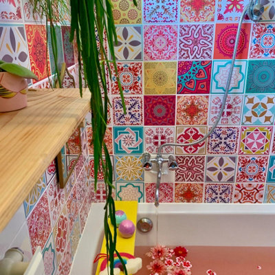 Walplus Multicolour Mandalas Combo Mix Peel and Stick Wall Tiles Sticker - 144Pcs Self Adhesive Stick on Tiles for Kitchen