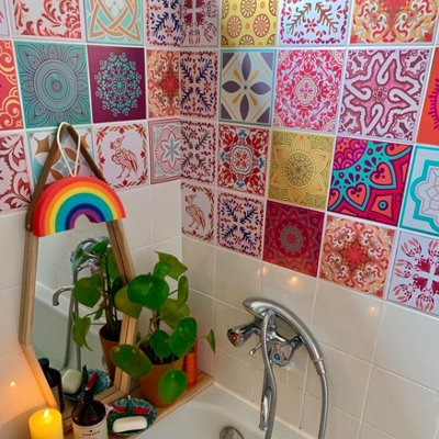 Walplus Multicolour Mandalas Combo Peel and Stick Wall Tiles Sticker Adhesive Stick on Tiles for Backsplash 72Pcs 15x15cm