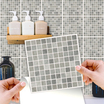 Walplus Natural Grey Limestone Mosaic Peel and Stick Wall Tiles Sticker - 24Pcs 15x15cm Self Adhesive Stick on Tiles