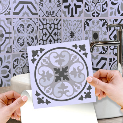 Walplus Novi Light Grey Cement Azulejo Peel and Stick on Tiles - 24 Pieces 15x15cm Self Adhesive Wall Tile Stickers