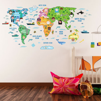 Walplus Nursery Map World Educational Mural Wall Sticker Decal Decoration 200Cm X 100Cm Kids Sticker PVC Multicoloured