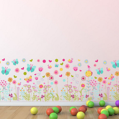 Walplus Nursery Room Wall Stickers Art Murals Colourful Butterflies And Flowers Skirting Kids Sticker PVC Blue