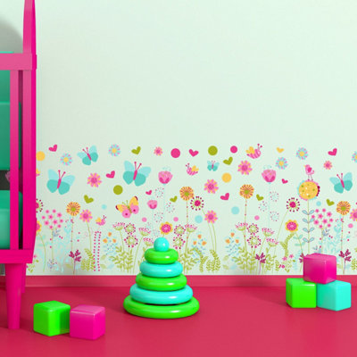 Walplus Nursery Room Wall Stickers Art Murals Colourful Butterflies And Flowers Skirting Kids Sticker PVC Blue