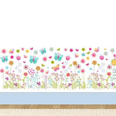 Walplus Nursery Room Wall Stickers Art Murals Colourful Butterflies And Flowers Skirting Kids Sticker PVC Blue