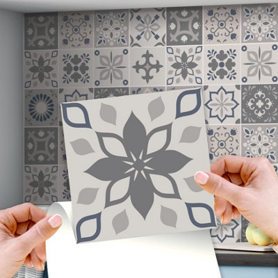 Walplus Palace Light Grey Moroccan Peel and Stick Wall Tiles Stickers - 24Pcs Self Adhesive Stick on Tiles for Kitchen