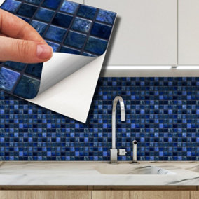 Walplus Pearl Noir Blue Jewel Mosaic Wall Tile Sticker Set - 15cm (6inch) - 24pcs One Pack