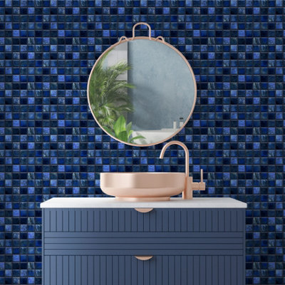 Walplus Pearl Noir Blue Jewel Peel and Stick Wall Tiles Stickers - 120Pcs Adhesive Stick on Tiles for Kitchen 15x15cm (6in)