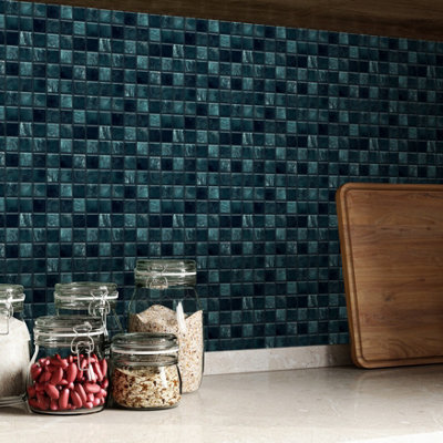 Walplus Pearl Noir Turquoise Jewel Peel and Stick Wall Tiles Stickers - 24Pcs Adhesive Stick on Tiles for Kitchen 15x15cm (6in)