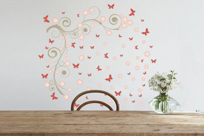 Walplus Pink Butterfly Vine Wall Sticker Art Decals Living Room Bedroom Décor Kids Sticker PVC Pink