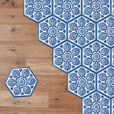Walplus Porcelain Blue Hexagon Floor Tiles Stickers, Home Decorations, DIY Art