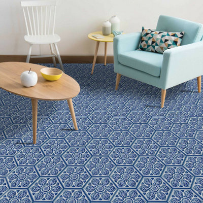 Walplus Porcelain Blue Hexagon Floor Tiles Stickers, Home Decorations, DIY Art