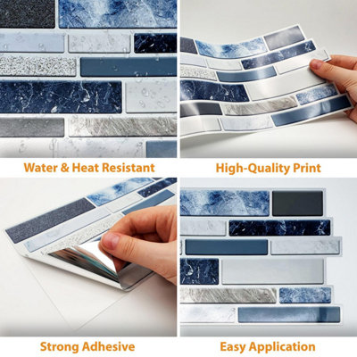 Walplus Purity Stone Blue And Grey Mosaic Wall 2D Tile Stickers Multipack 60Pcs