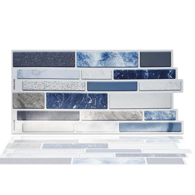 Walplus Purity Stone Blue And Grey Peel and Stick 2D Wall Tiles Sticker - 12Pcs Self Adhesive Stick on Tiles for Kitchen 28.5x14cm