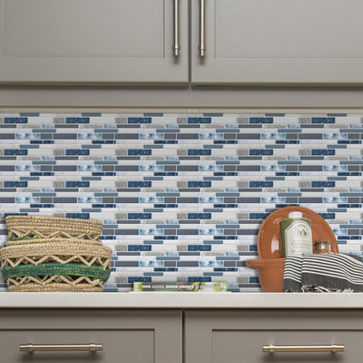 Walplus Purity Stone Blue And Grey Peel and Stick Wall Tiles Sticker - 48Pcs Self Adhesive Stick on Tiles for Kitchen 28.5 x 14
