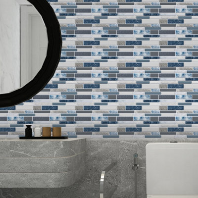 Walplus Purity Stone Blue And Grey Peel and Stick Wall Tiles Sticker - 60Pcs Self Adhesive Stick on Tiles for Kitchen 28.5 x 14